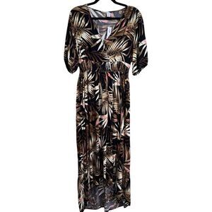 Old Navy Black Tropical Palm Leaf Smocked Waist Hi Low Dress Small Tall NWT
